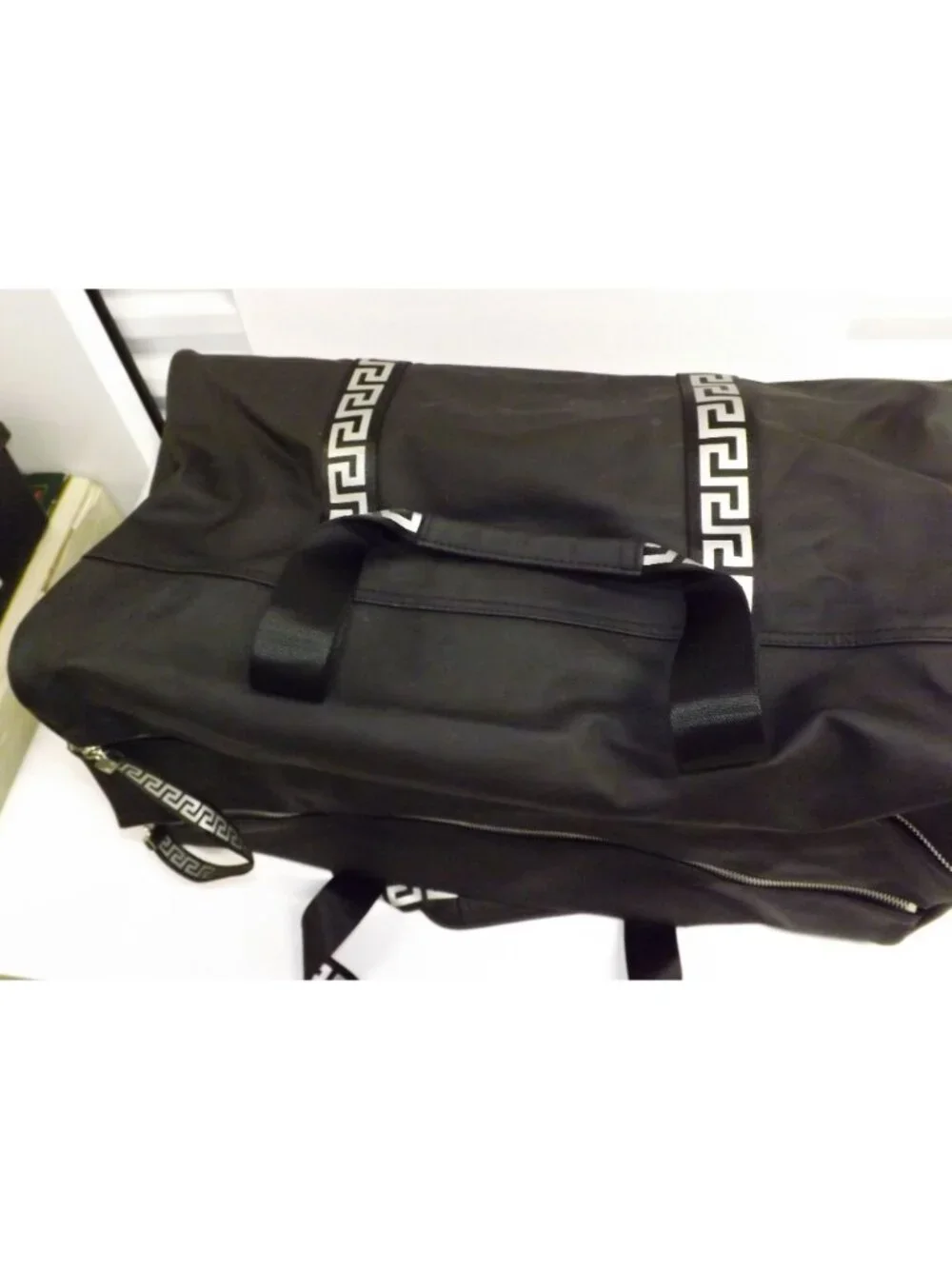 VERSACE black Overnight Duffle Bag With Strap Greek Key Pattern Weekender Bag
